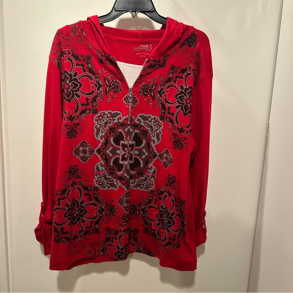 Style & Co. Red and Black Patterned Hoodie 1X